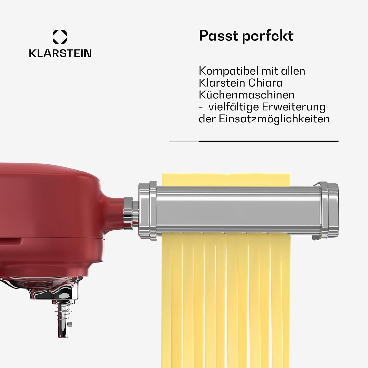 Klarstein Chiara Küchenmaschine Nudelaufsatz – 3-in-1 Pasta-Zubehör, Edelstahl, Spülmaschinenfest, 8 Stufen, Fettuccine & Spaghetti-Schneider, Kompatibel mit Chiara Küchenmaschine