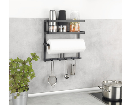 Multifunctionele Wenko Gala keukenplank met keukenrolhouder & reling inclusief 6 haken, zwart