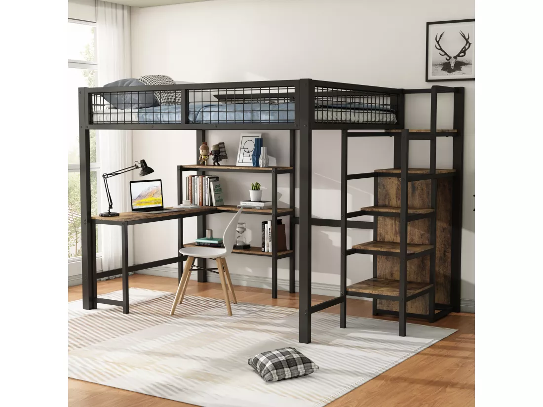 Lit mezzanine 140 x 200 cm avec bureau, étagères et armoire - Métal + MDF - Sommier à lattes - noir + marron
