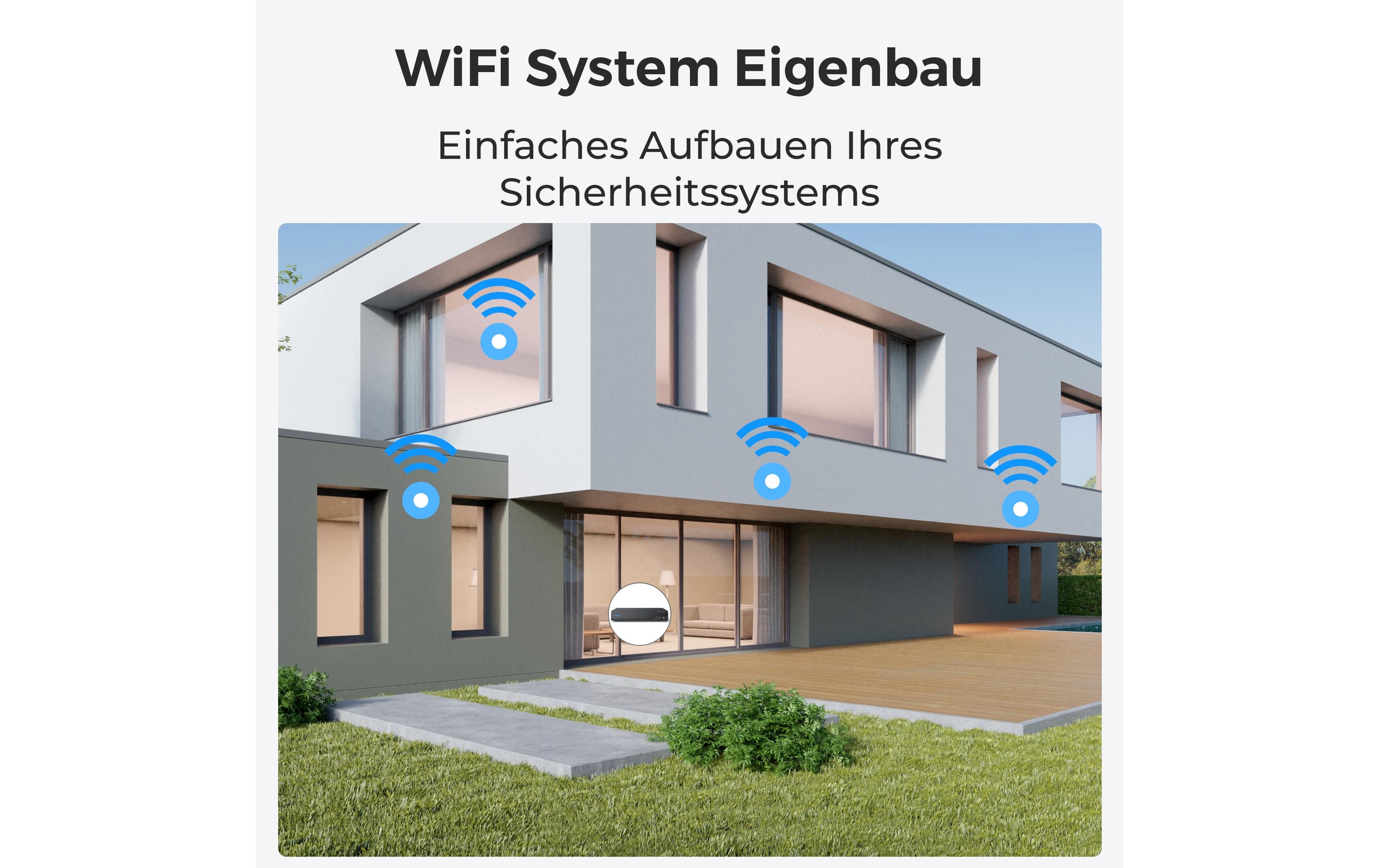 Überwachungsset NVS12-8 MB4W 4K WiFi inkl. 4 Kameras und 2TB<br>12-Kanal 4K Wifi Überwachungskamerasystem 24/7 inkl. 4x 8MP Wifi Kameras mit hochauflösender Nachtsicht