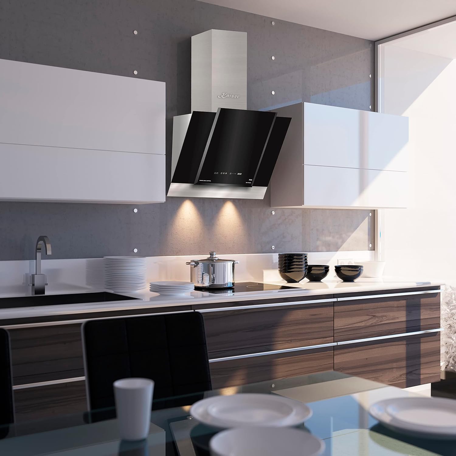 Kaiser AT 6438 ECO kopffrei Dunstabzugshaube 60 cm Exklusive Schwarz Glas Edelstahl Wandhaube 910m³/h | TouchControl Steuerung mit LED Display | Randabsaugung | Timer | Abzugshaube Abluft/Umluft