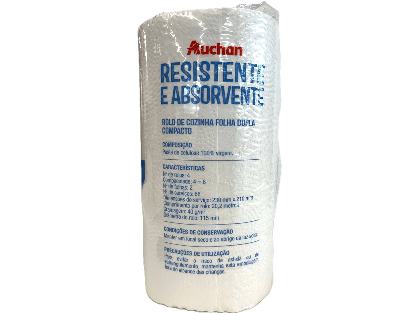 ROLO COZINHA AUCHAN RESISTENTE E ABSORVENTE COMPACTO FOLHA DUPLA 4 ROLOS = 8 ROLOS