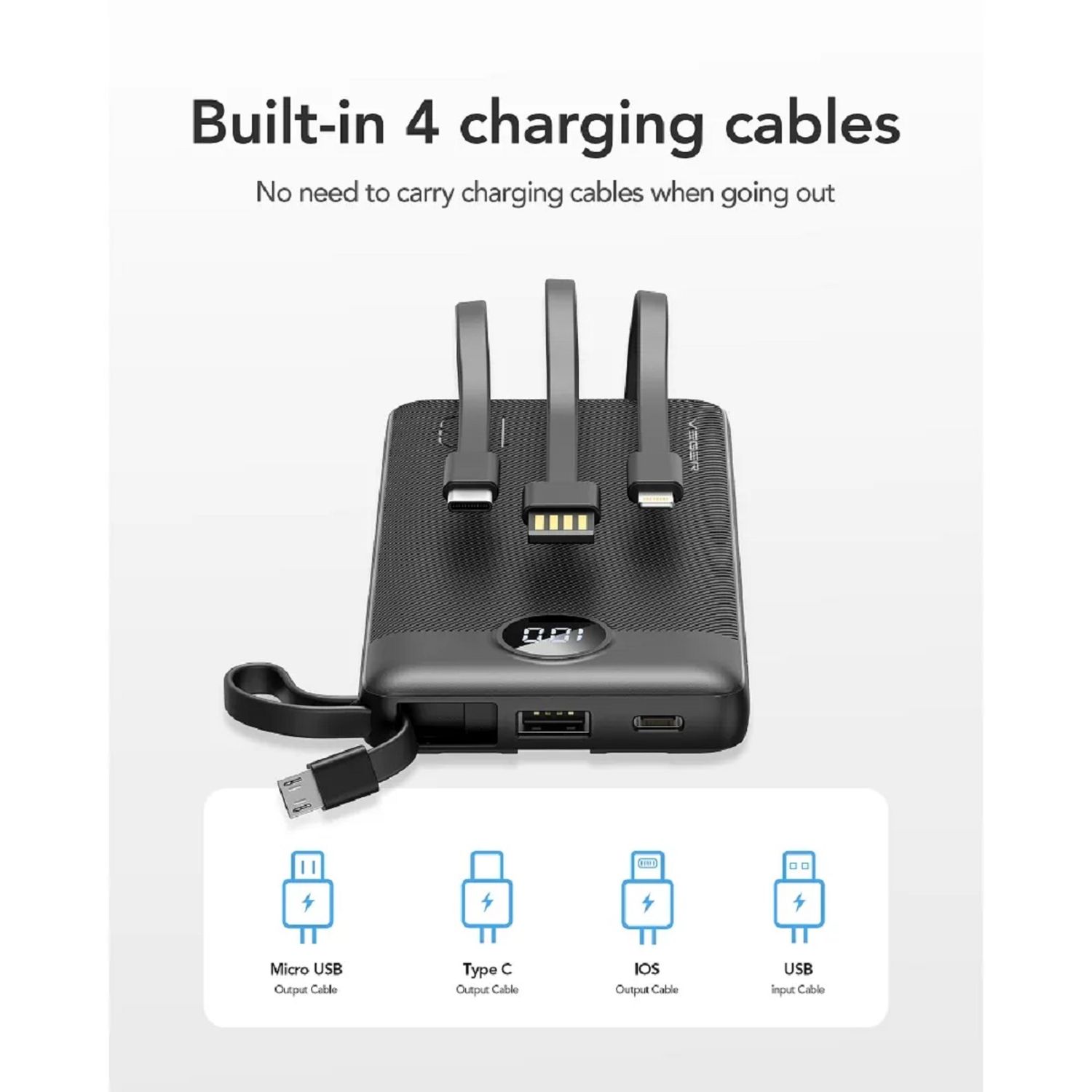 Powerbank C10 - 10 000mAh (Micro + Typ C + iPhone) Ladekabel