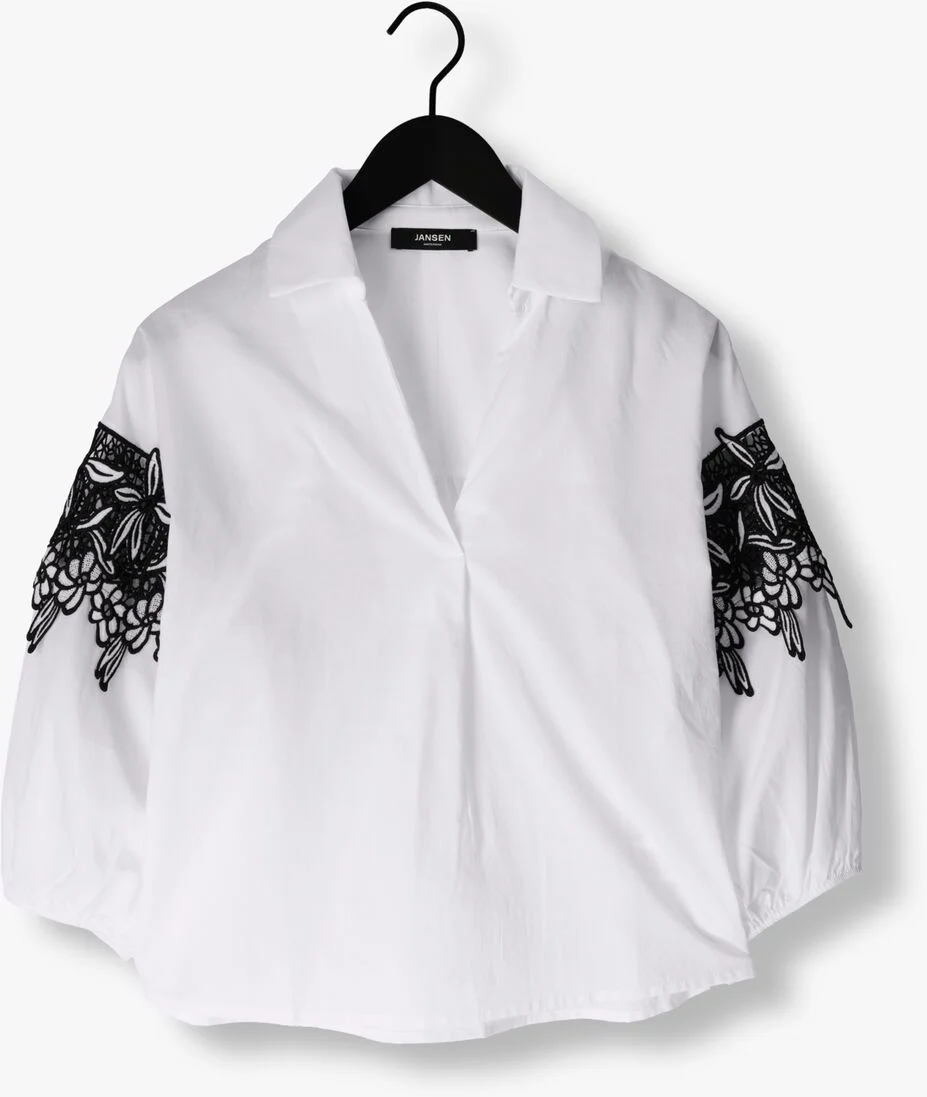 JANSEN AMSTERDAM witte jansen amsterdam blouse cv777 cotton voile blouse with black/white lace detail 3/4 sleeve