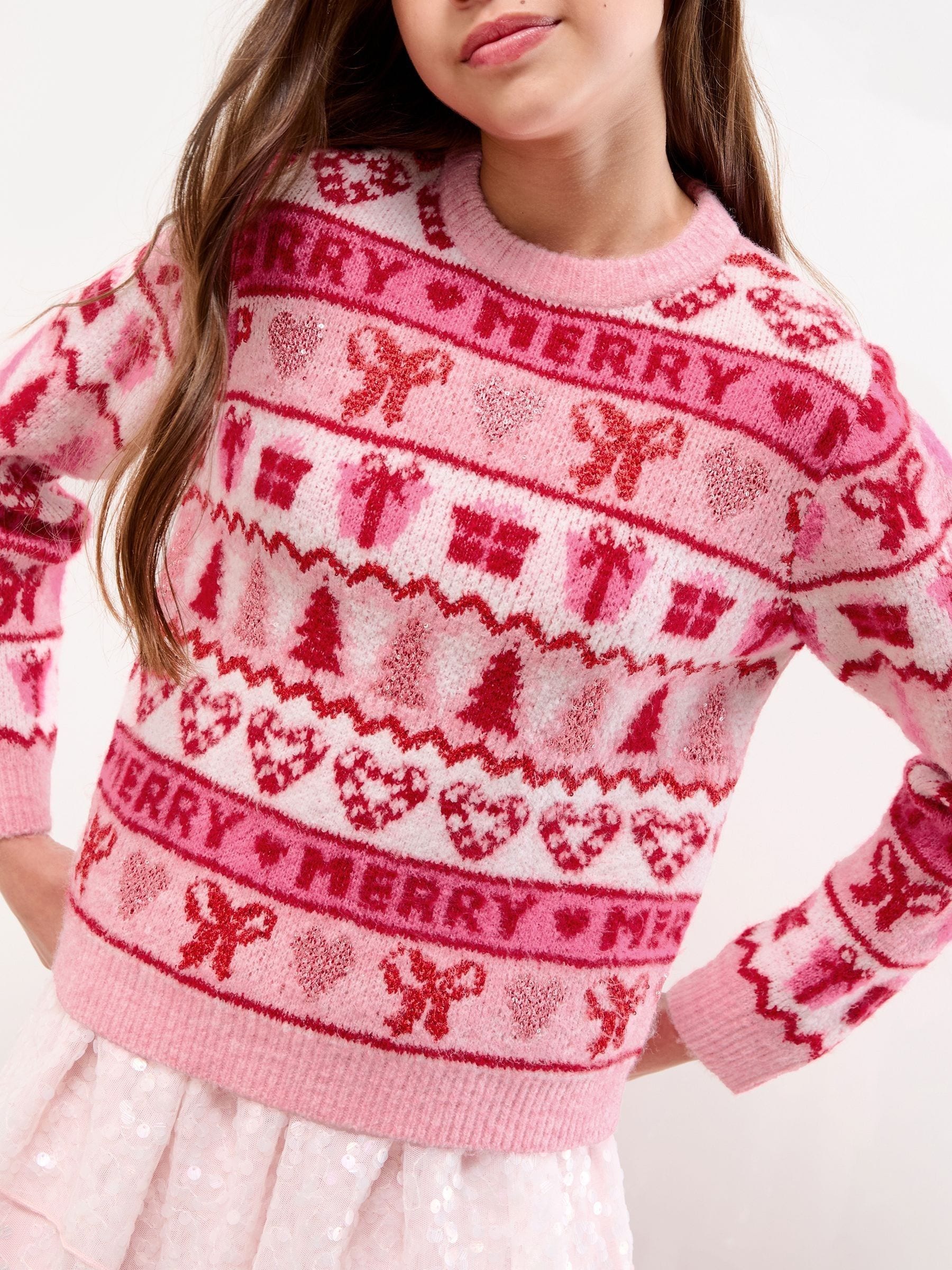 Roze Fairisle-patroon Vrolijk - Lipsy - Kersttrui met ronde hals (5-16jaar)