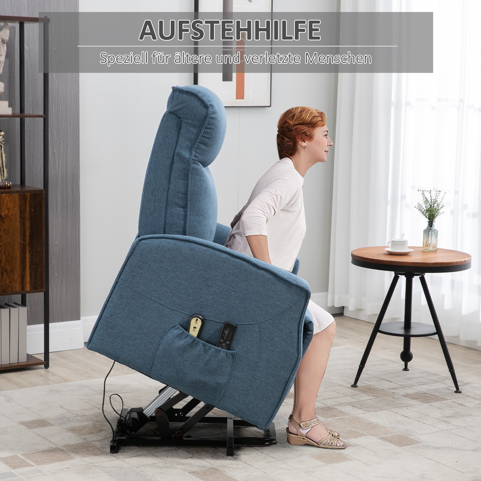 HOMCOM Funktionssessel mit Massagefunktion und Aufstehhilfe blau 74,5L x 87,5B x 110H cm