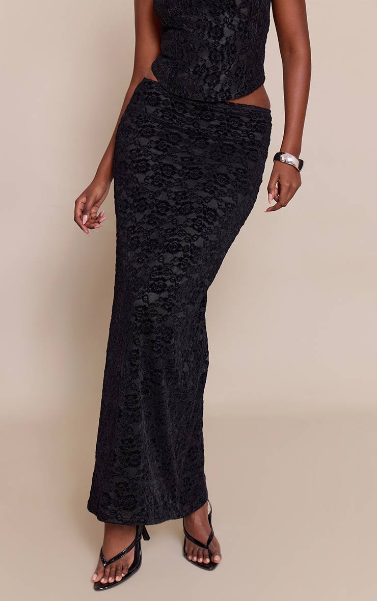 Noir Jupe Longue En Velours Dentelle Taille Mi-haute Ensemble Coordonné