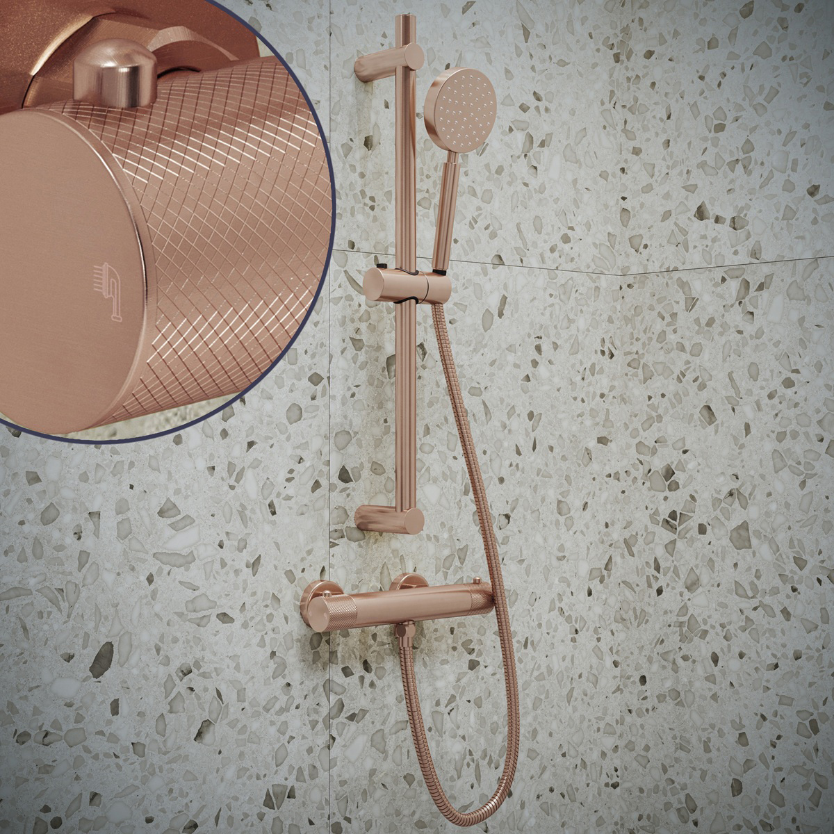 Saniclear Copper Curved doucheset geborsteld koper met thermostatische kraan, handdouche en glijstang