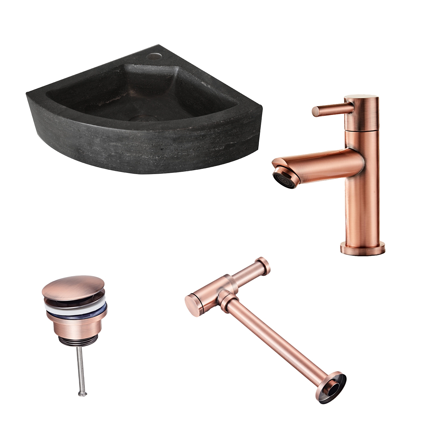 Lambini Designs Corner natuursteen fonteinset met koper kraan en toebehoren
