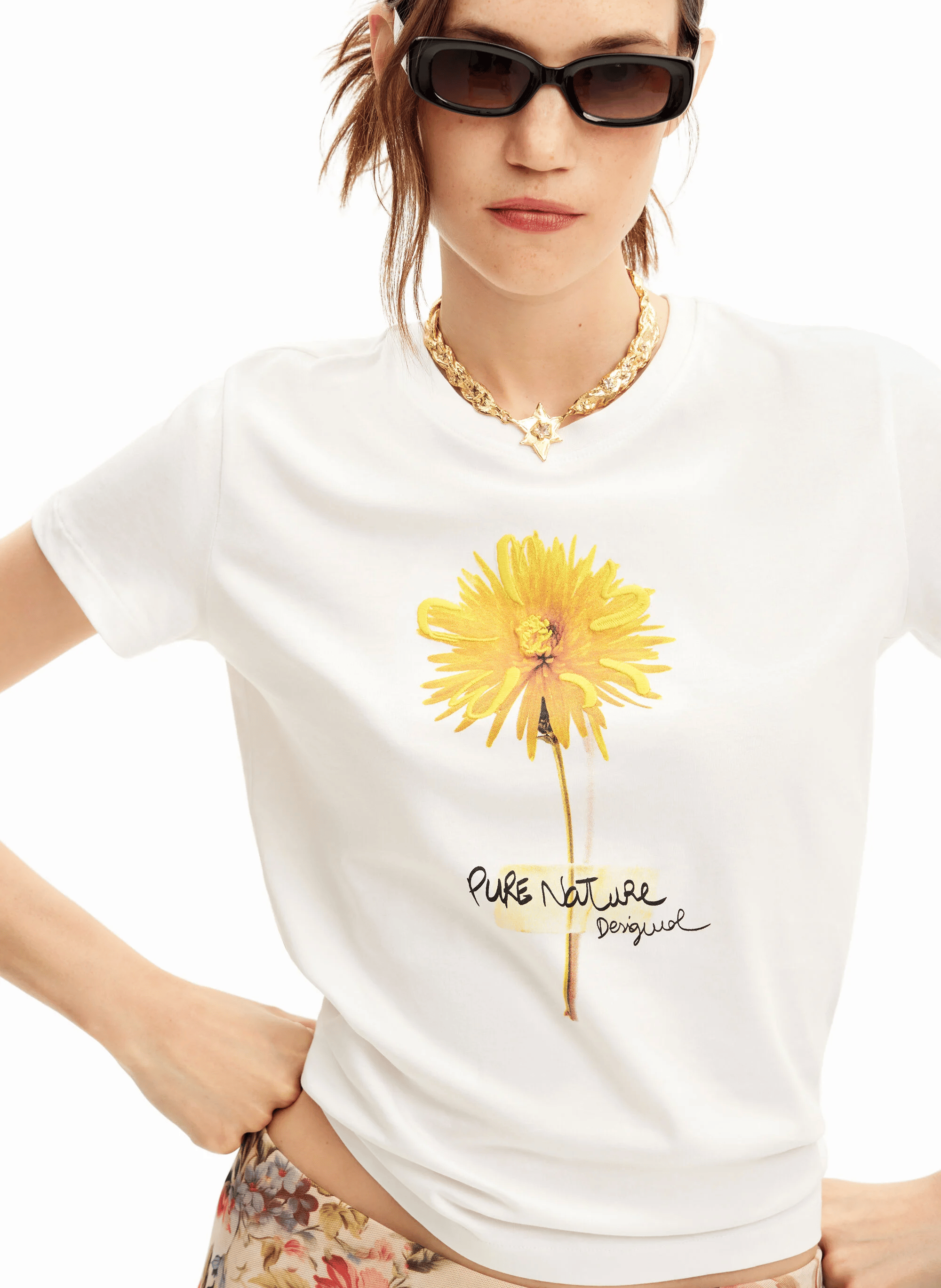 Tee-shirt col rond droit en coton imprimé | Blanc