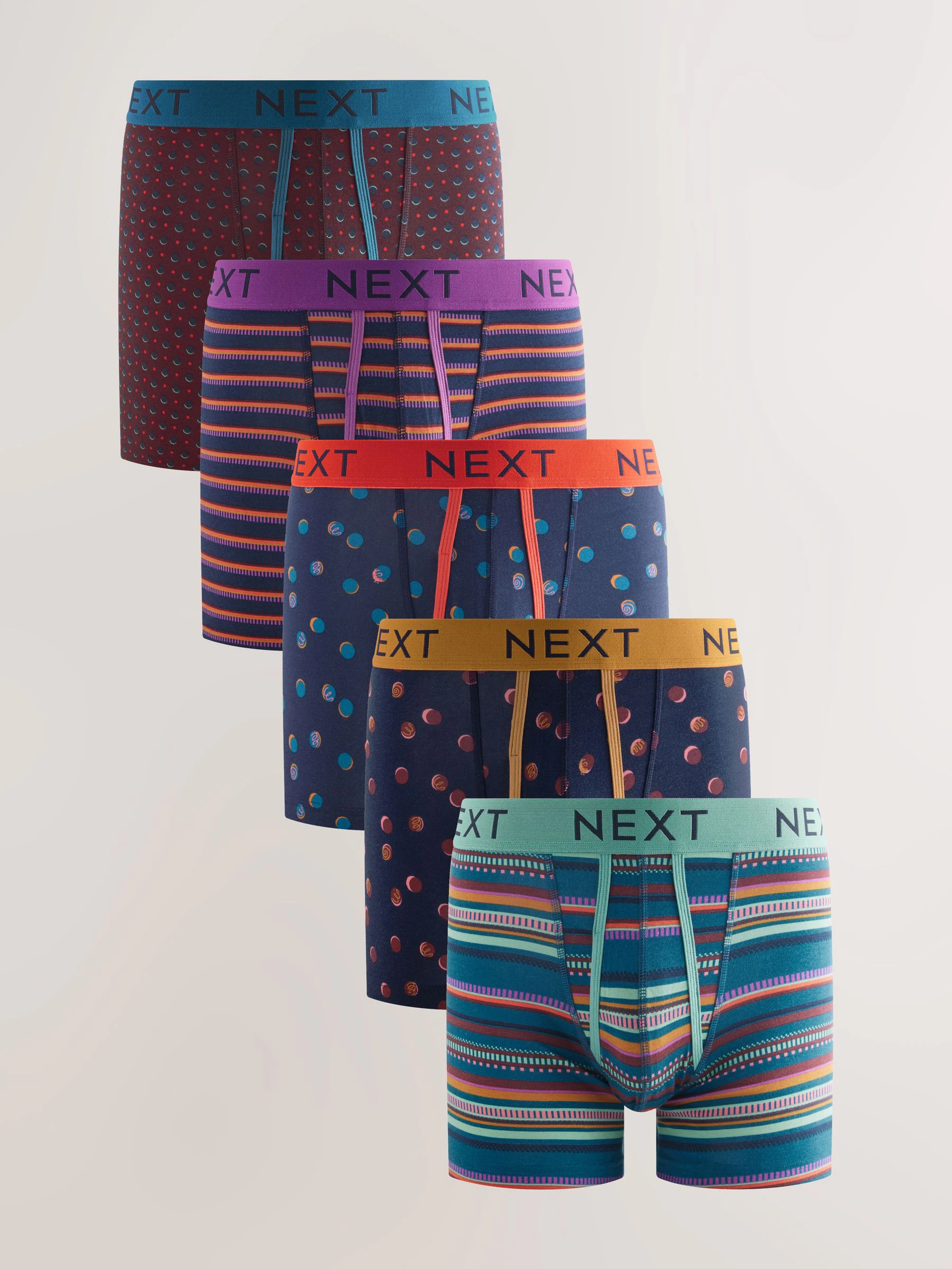 Marineblauw/bordeauxrood met stippen en strepen - Boxershorts met A-voorkant