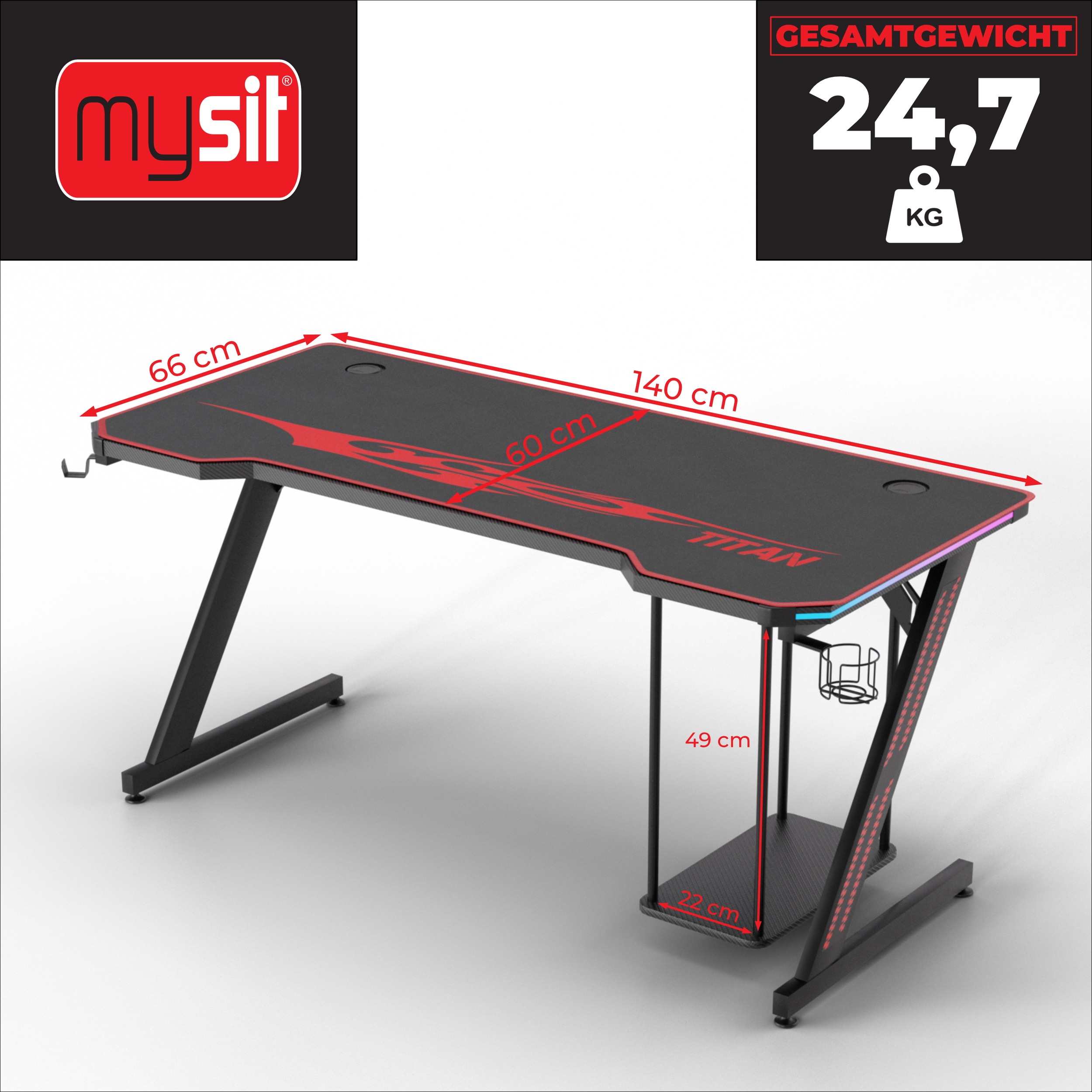 MY SIT Gaming Tisch 140 cm TITAN mit LED Beleuchtung und Mauspad