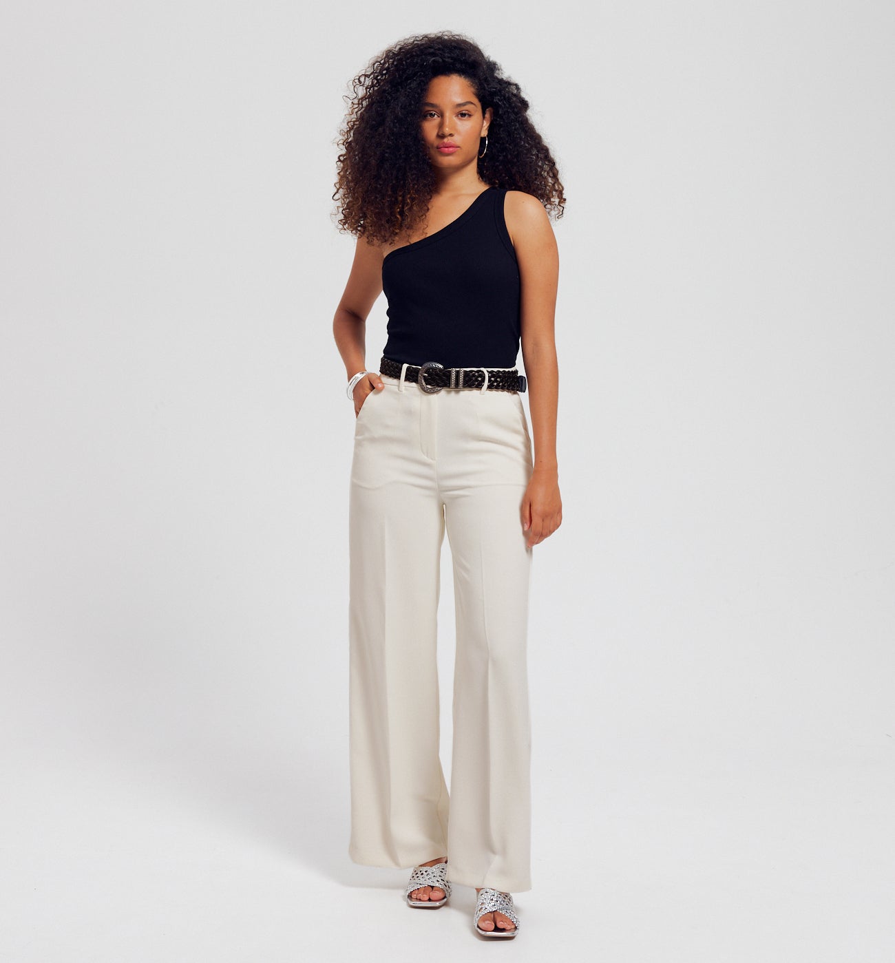 Pantalon large taille haute - Ecru