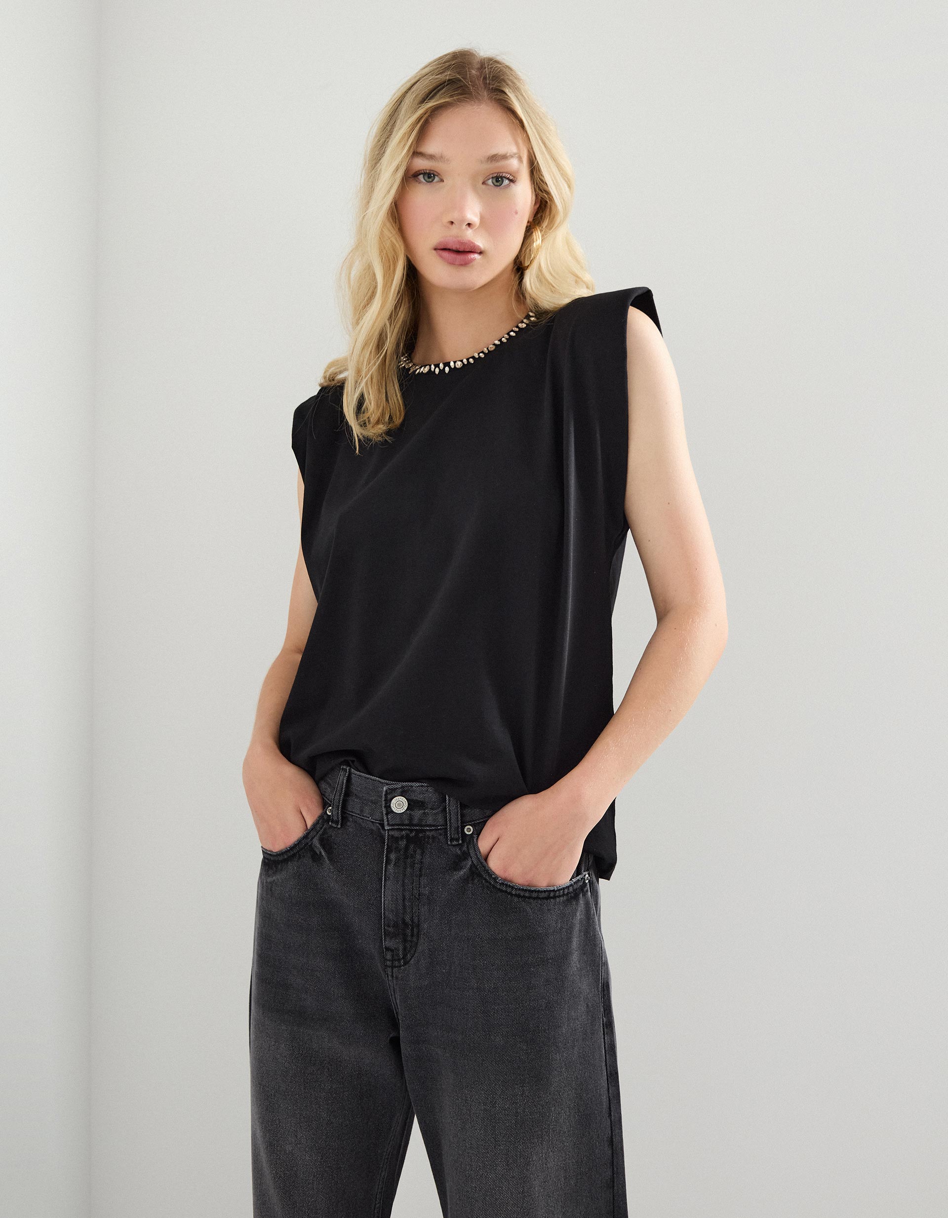 T-shirt sem Mangas, Mulher, Preto
