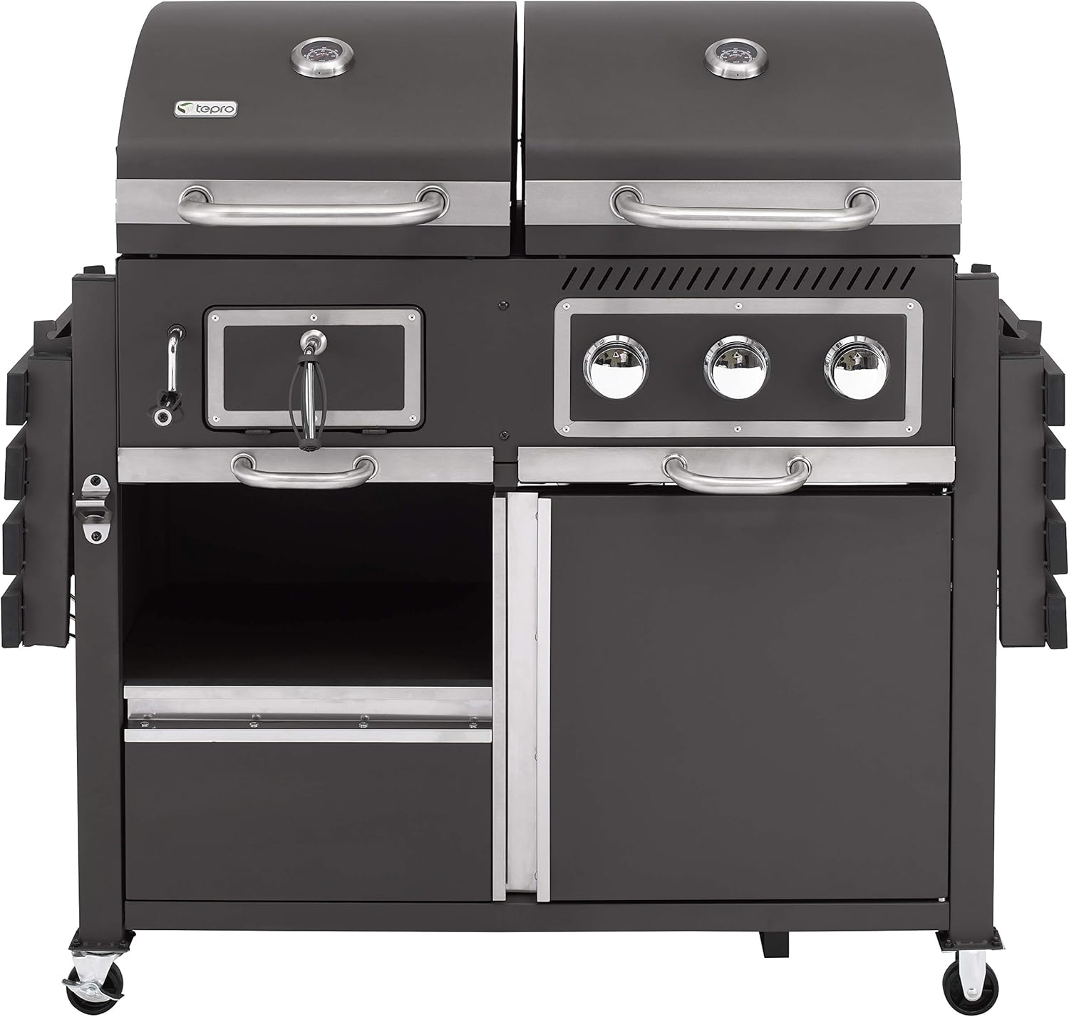 tepro Gas Kohle Kombigrill Toronto, Grillwagen mit Holzkohle- und Gasgrill-Modus, 3 Brenner mit je ca. 2,9 kW Leistung, Piezozündung, Thermometer, Maße ca. 173 x 65 x 116,5 cm, Schwarz
