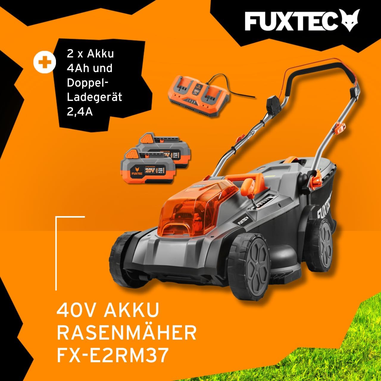 FUXTEC Akku Rasenmäher 40V (2x20V) E2RM37- Schnittbreite 37cm, Variable Schnitthöhe, Elektrorasenmäher, Kabellos (Li-Ion Akku & Ladegerät inklusive)