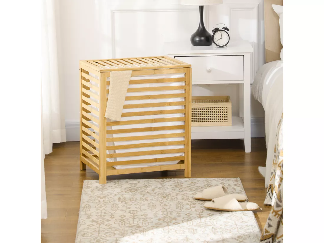 Panier à linge - sac en tissu amovible, couvercle - dim. 50L x 36l x 60H - bois bambou verni