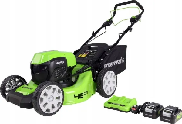 Greenworks 2x24V batteridrevet plæneklipper 46cm G24X2LM46SPK4X batterioplader dobbelt   2 4Ah batterier