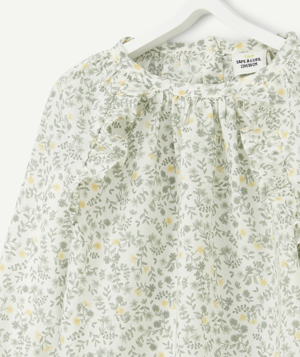 BLOUSE BÉBÉ FILLE EN COTON FLEURIE VERTE ET JAUNE AVEC VOLANTS