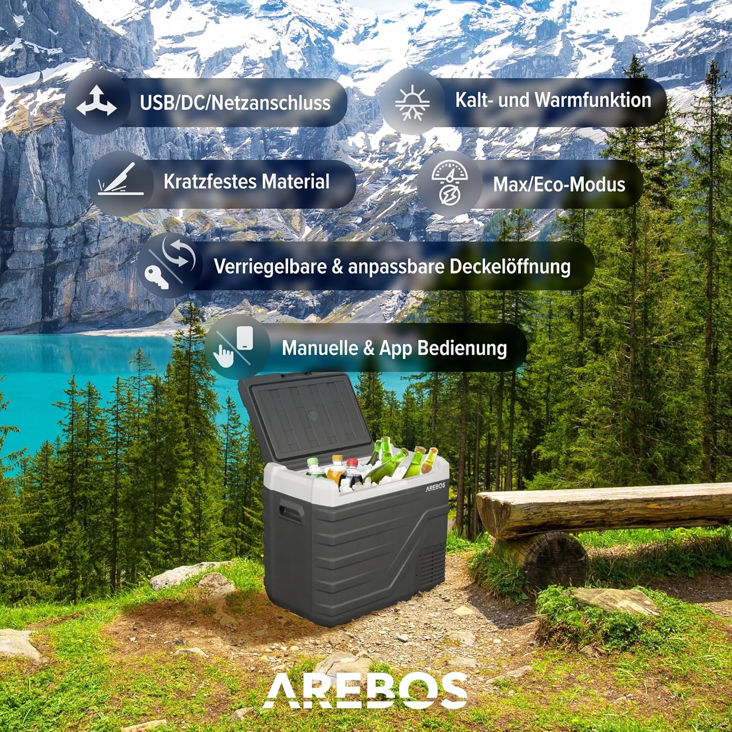 Arebos Kompressor Kühlbox 43 Liter | Elektrische Gefrierbox mit APP & Smart-Steuerung | Mobile Kühltruhe mit USB-Anschluss | bis -20 °C | 12/24 V 230V | für Auto,LKW,Camping,Boot,Wohnmobil