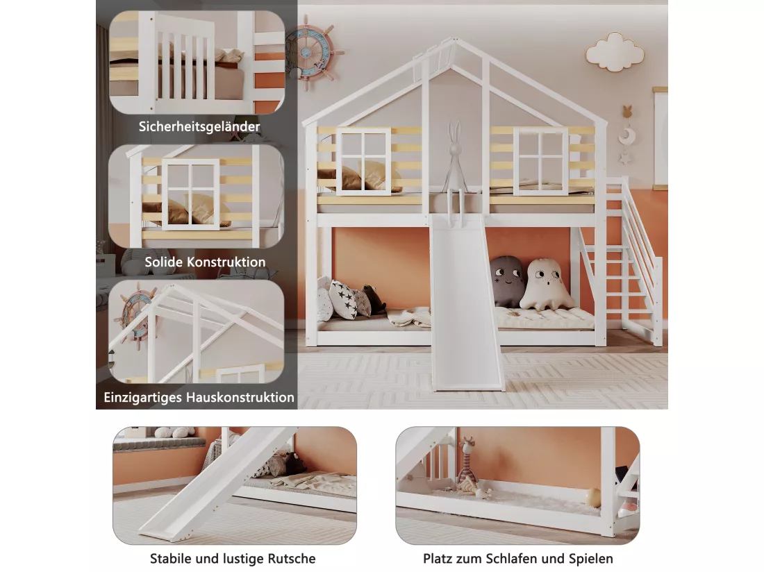 Lits Superposés En Bois - 90 X 200 cm - Avec Escalier - Toboggan Et Fenêtre - Protection Antichute - Blanc