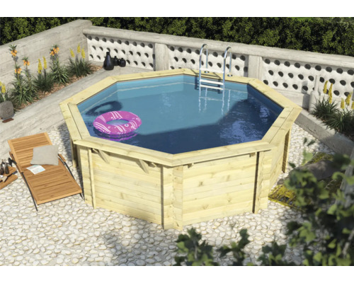Opbouw houten zwembadset Karibu Classic 1A rond Ø 400x124 cm incl. ladder & grondbeschermingsvlies hout