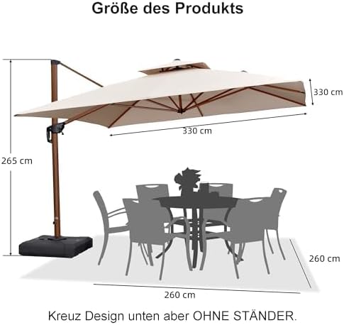 PURPLE LEAF Alu Sonnenschirm Groß Ampelschirm 330 x 330 cm Holzoptik Doppeldach Gartenschirm mit Kurbel 360° Drehbar XXL, Sonnenschutz UV50+, Beige