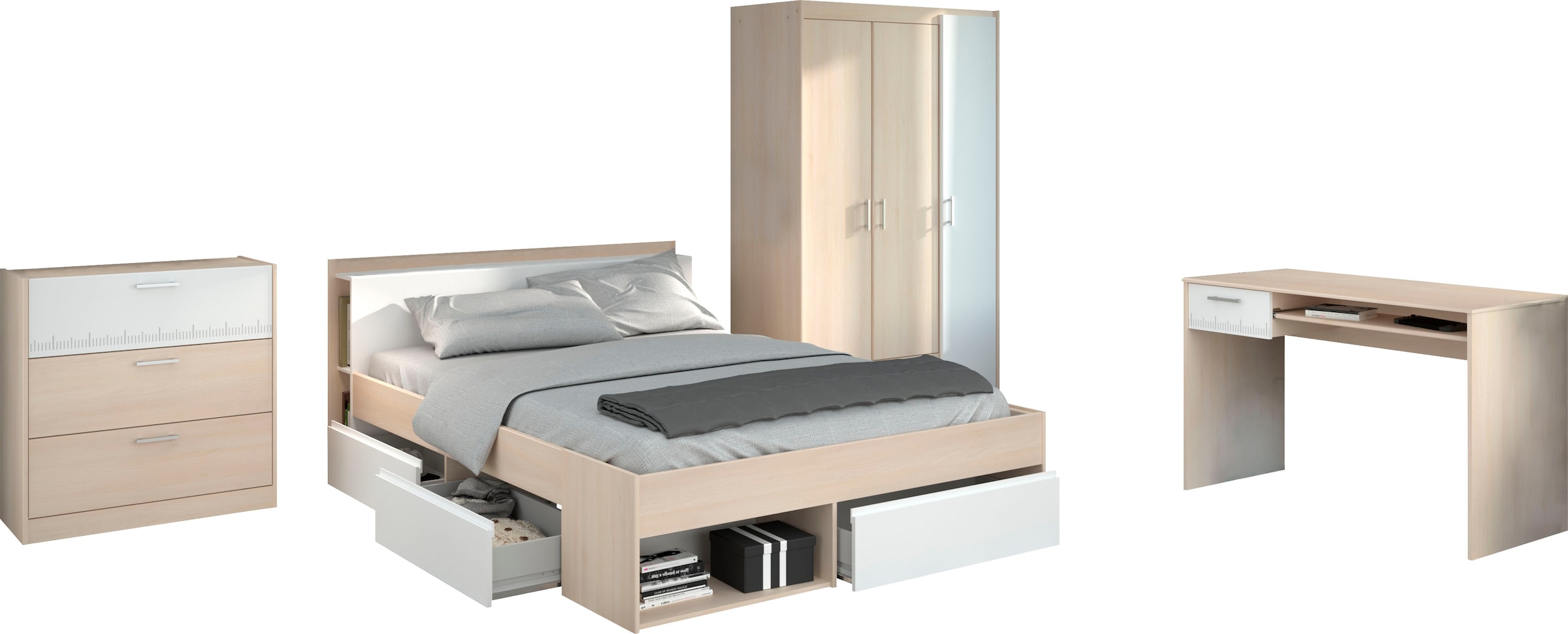 Parisot Jugendzimmer-Set »Most« Set, Bett mit Schubkästen, Kleiderschrank, Schreibtisch, Schubkastenkommode, 4 Stk. tlg.