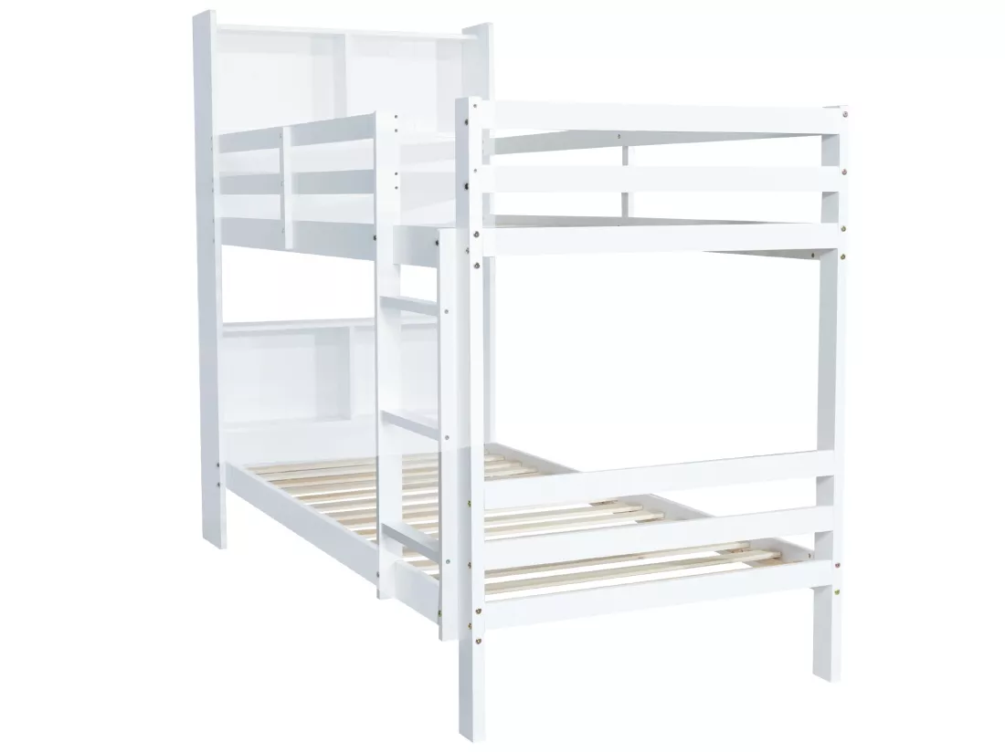 Lit superposé avec compartiments et échelle - cadre en pin - 90x200cm - blanc