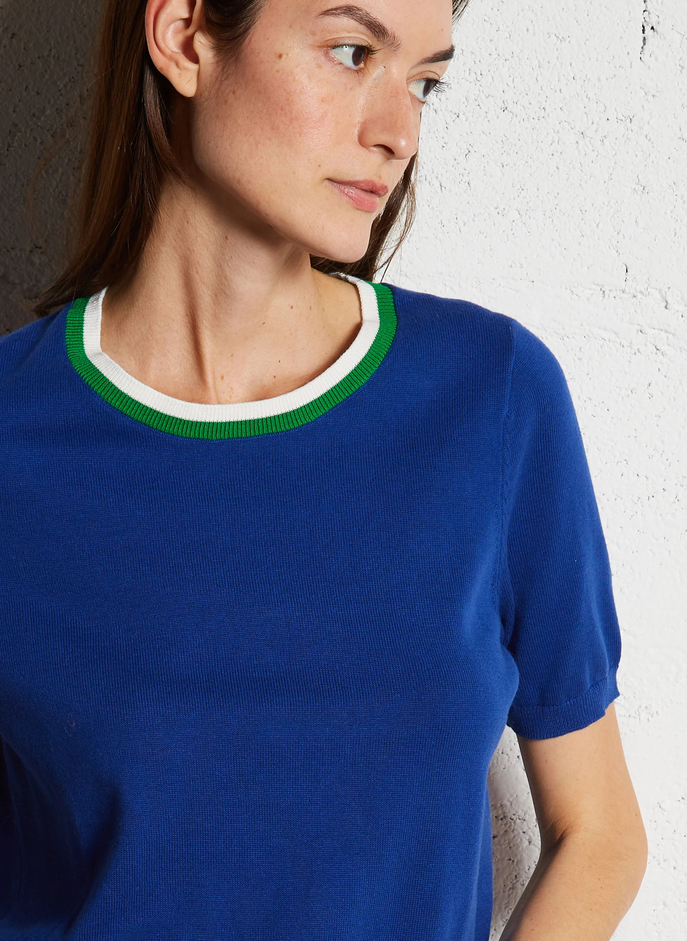 MAE - Pull droit manches courtes en coton | Bleu