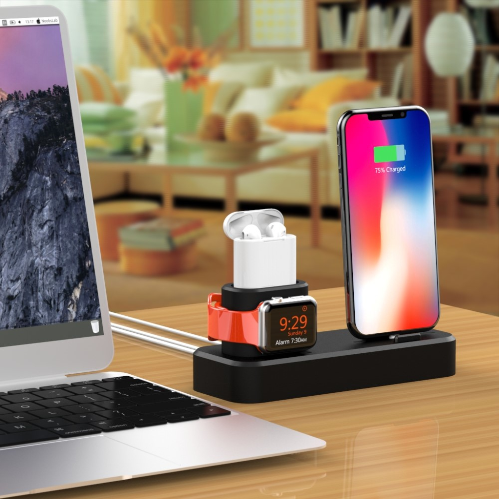 3in1 Silikon Ladeständer Charger Base Kabel Halterung für iPhone / AirPods / Apple Watch - Schwarz