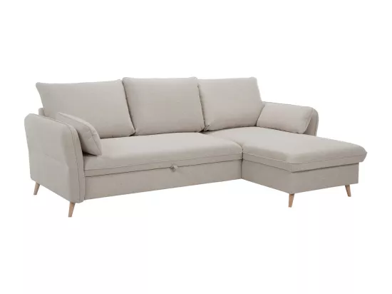 Canapé d'angle convertible réversible avec coffre 3-4 places en tissu beige et bois clair DRISS