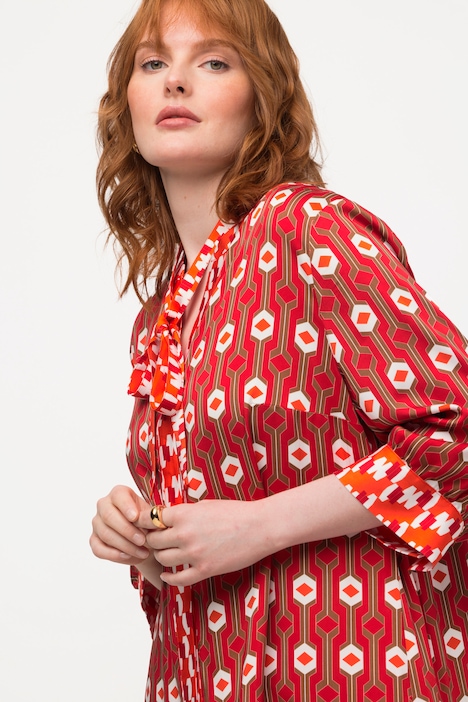 Bluse, Retro-Design, Stehkragen, V-Ausschnitt, 3/4-Arm