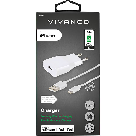 Vivanco Lightning-hjemme- og kabel 2.4 A - hvid