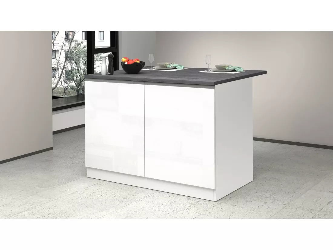 Îlot de cuisine Daffaticat, Armoire polyvalente, Meuble de kitchenette, Table auxiliaire, 100% Made in Italy, 125x90h90 cm, Blanc brillant et ardoise