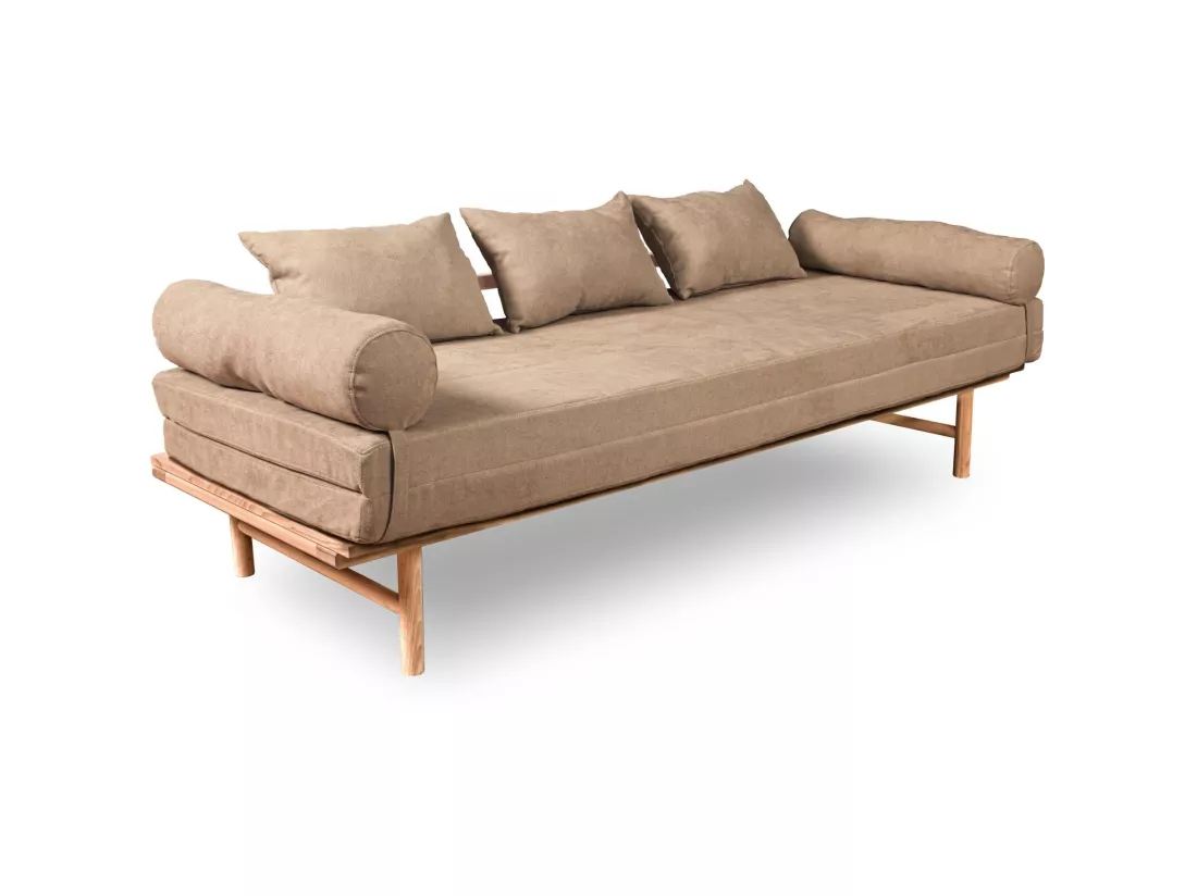 Canapé Lit Convertible Design en Tissu Beige et Bois Beige