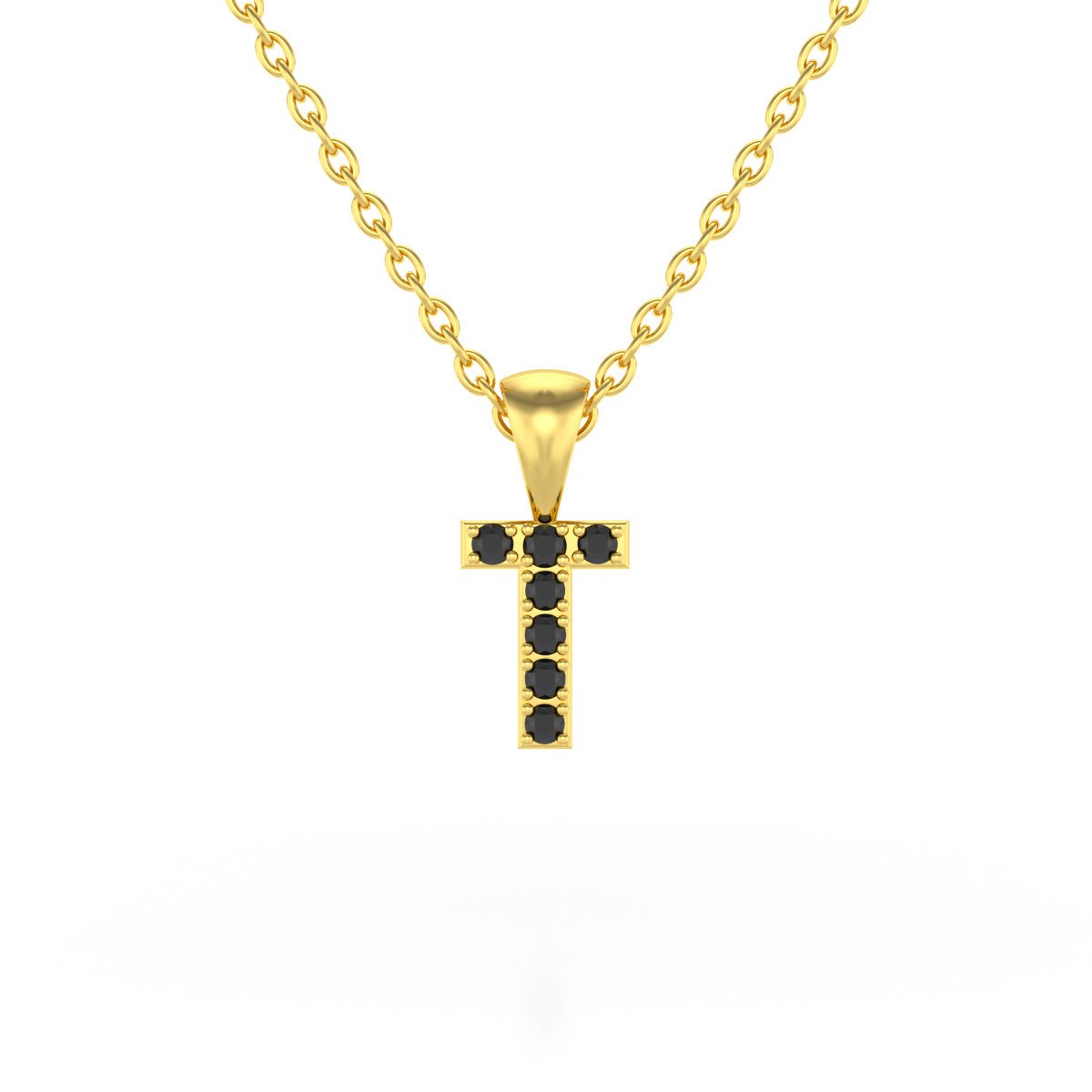 Collier Pendentif ADEN Lettre T Or 750 Jaune Diamant Noir Chaine Or 750 incluse 0.72grs