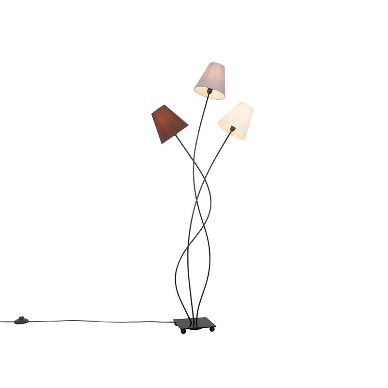 QAZQA - Moderne design vloerlamp | Staande lamp | Vloerlamp | Lamp | Lamp, zwart met stoffen kap, 3-lichts - Melis | Woonkamer | Slaapkamer - Staal, langwerpig - LED-compatibel, E14