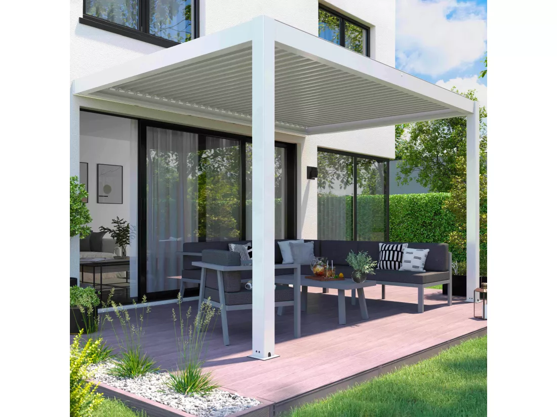 Pergola bioclimatique adossée motorisée en aluminium 3x4 m blanc