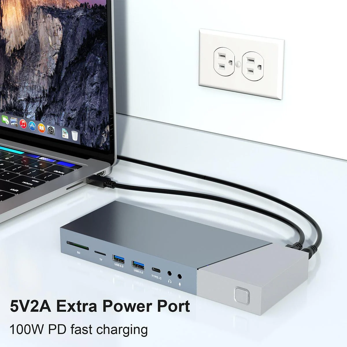 NÖRDIC DisplayLink USB-A & USB-C Dokkingstasjon 1 til 15 for trippelskjermer 3xHDMI 4K30Hz for Mac M1 M2 Thunderbolt 3 & 4