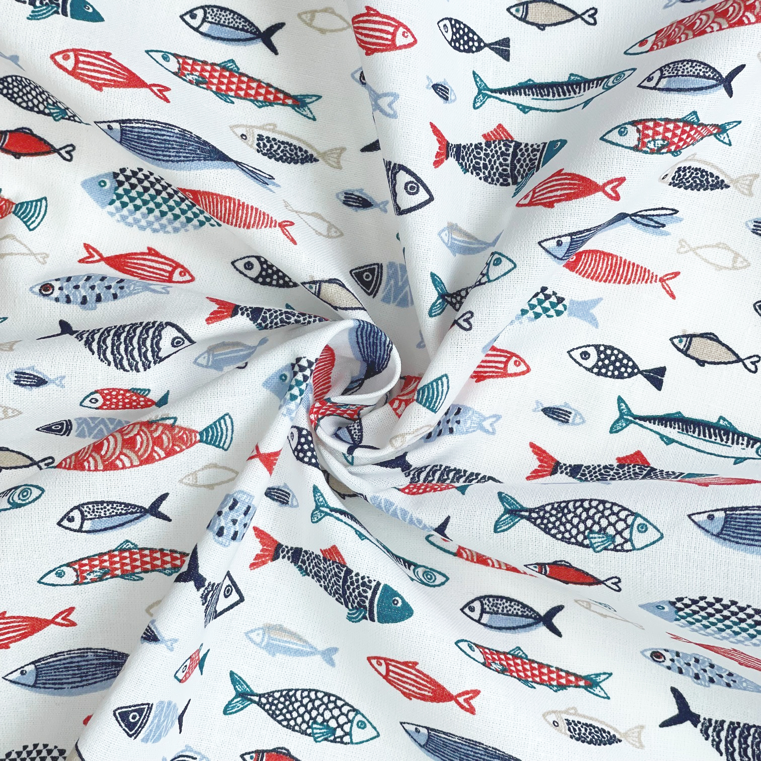 Tissu Coton Au Mètre Ex2526 Sardines Graphiques Blanc