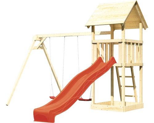 AKUBI Lotti speeltoren met zandbak, dubbele schommel en glijbaan, rood