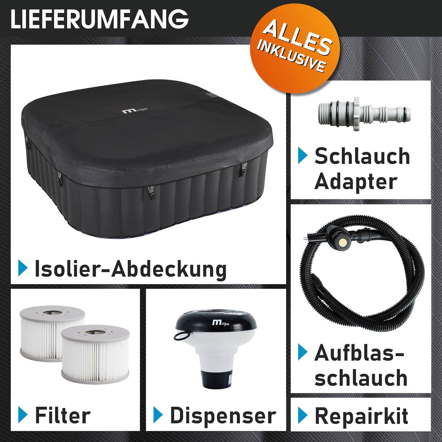 Whirlpool aufblasbar BRAST MSpa Tekapo für 4 Personen 158x158cm In-Outdoor Pool 108 Massagedüsen Energiespar-Timer Heizung Aufblasfunktion per Knopfdruck Bubble Spa Wellness Massage