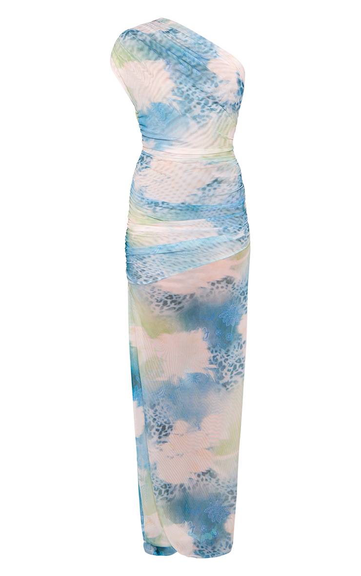 Bleu Robe Longue À Maille Fleurie Froncée Asymétrique Avec Fente Haute