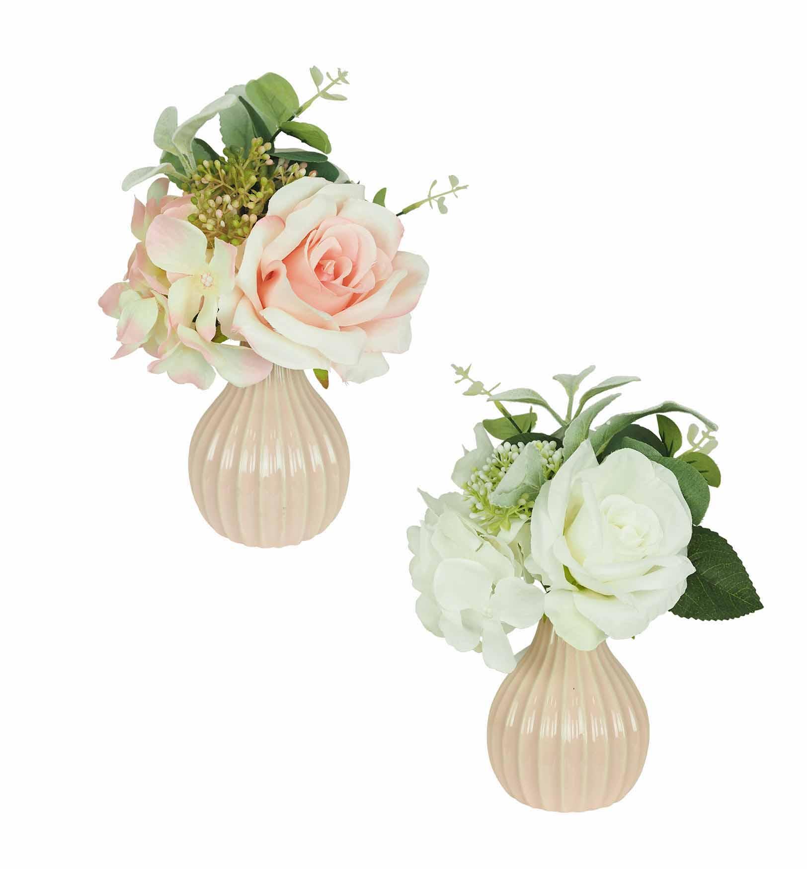 CENTRE TABLE ROSE ET HORTENSIA H.22CM BLANC ET ROSE