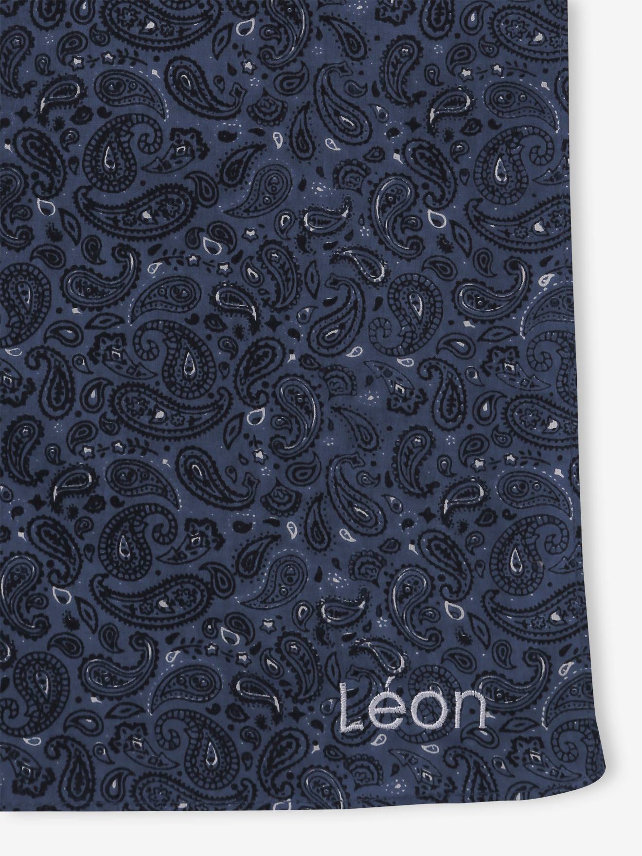 Cachecol personalizável, com estilo bandana, para menino na cor azul marinho.