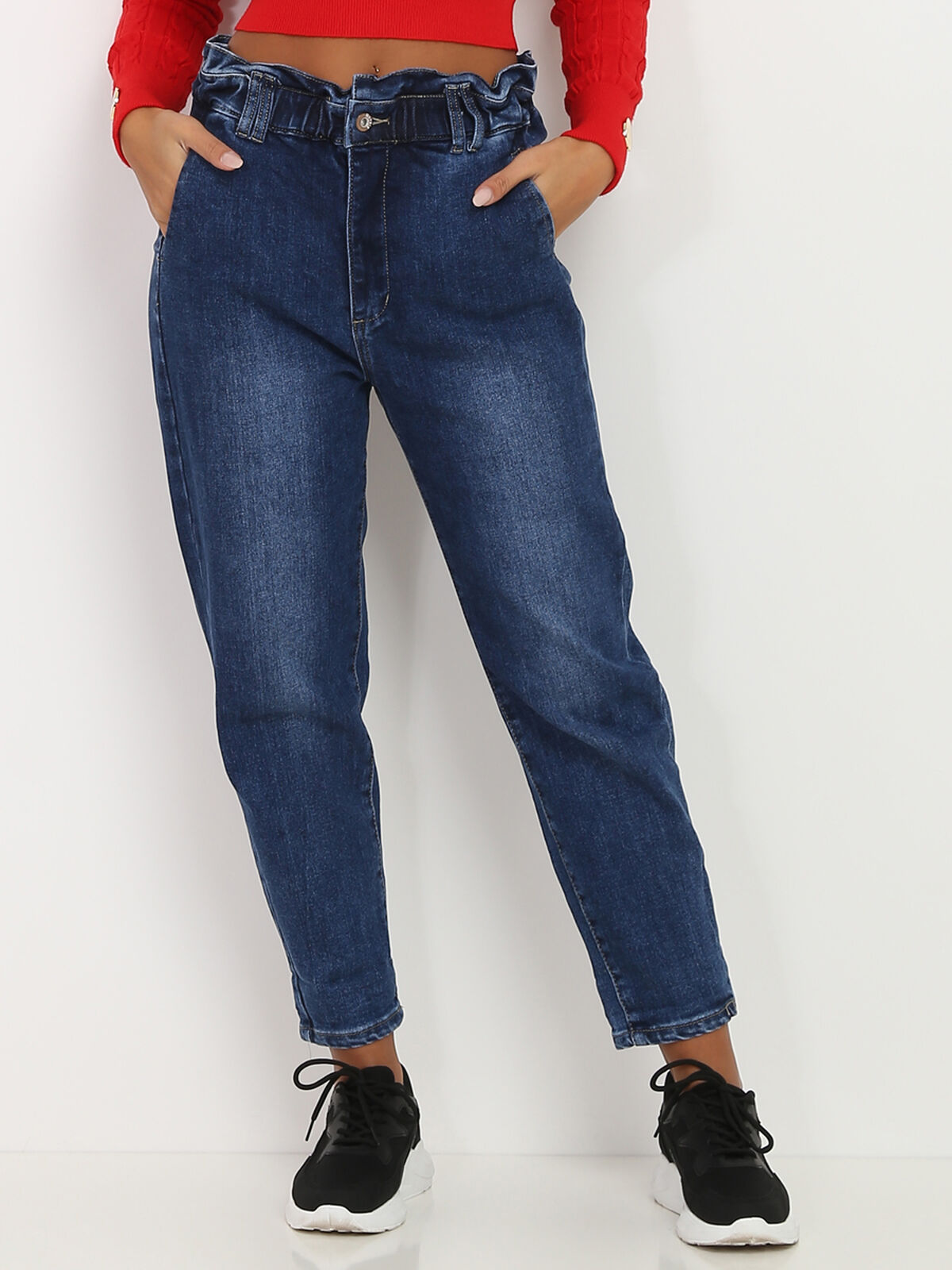 Jeans droit élastique à la taille- Bleu