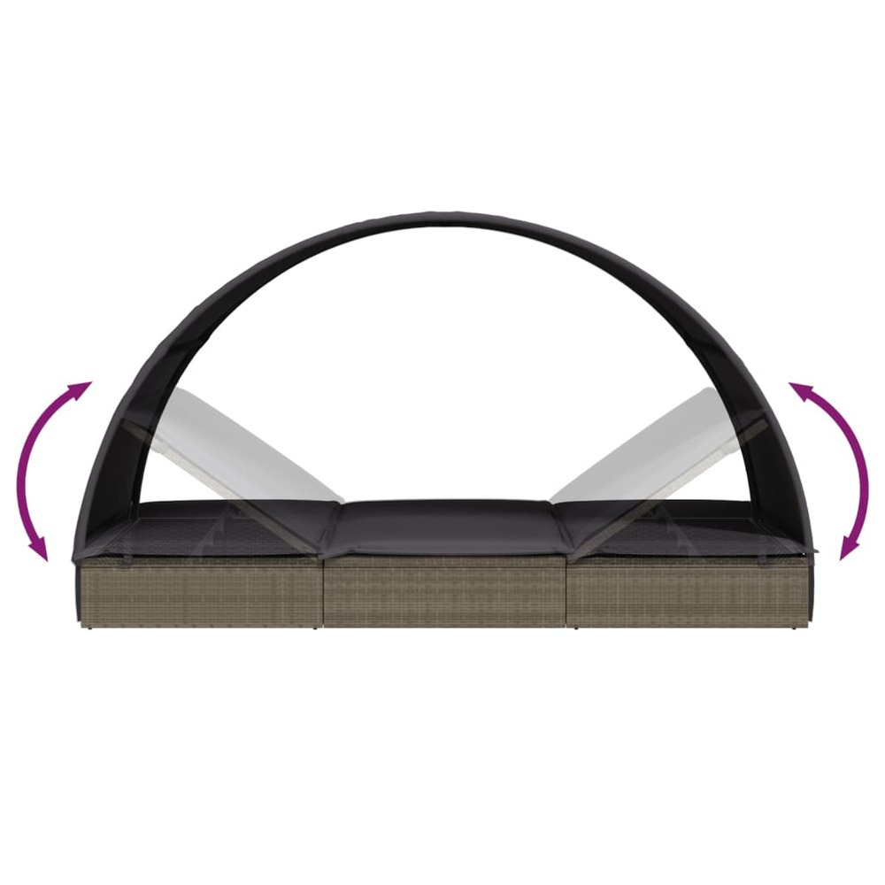 Transat chaise longue bain de soleil lit de jardin terrasse meuble d'extérieur avec toit rond 211 x 57 x 140 cm résine tressé