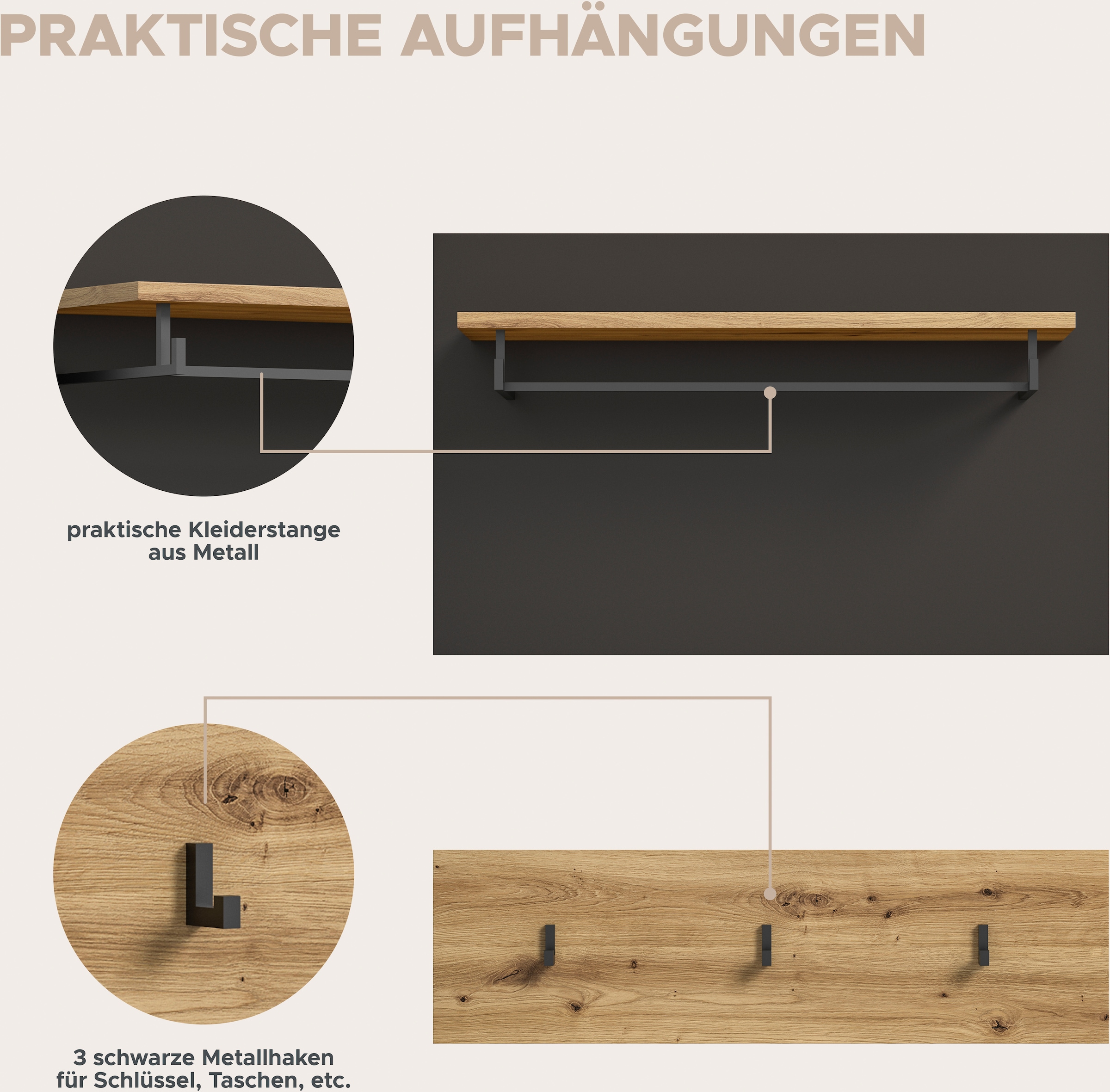 INOSIGN Garderoben-Set »Rehat, Garderobenkombination, Breite 255cm« Garderobenschrank, Sitzbank, Paneel, Hakenleiste, Spiegel, Kommode, 6 Stk. tlg.