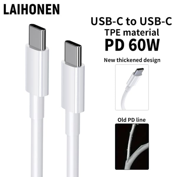 INF 3 m hurtigladekabel, USB C til USB C-kabel 60 W